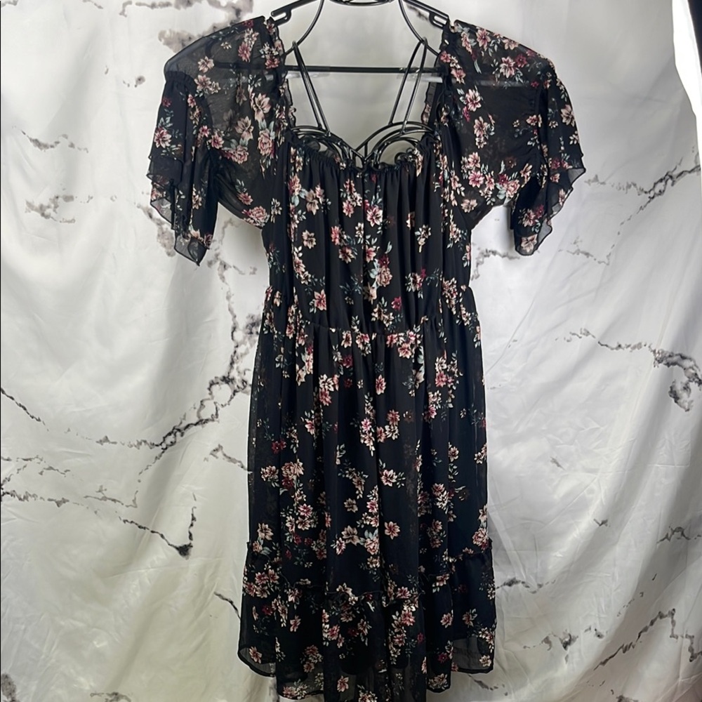 Torrid Floral Semi-Sheer Dress Chiffon Dark Spring Off-Shoulder Mini Witchy